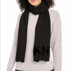 DKNY Black Logo Velvet Flocked Flat Knit Scarf wrap shawl NEW